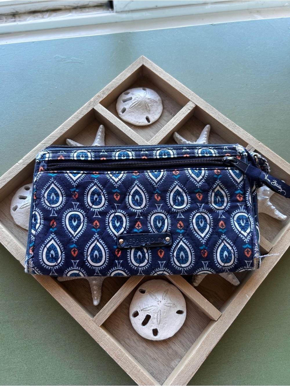Vera Bradley Quilted Zip Around Wallet Navy Blue Paisley Cotton Organizer